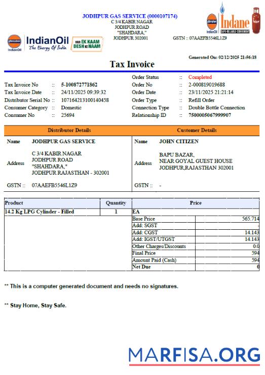 Realistic India Indian oil utility bill template in Word and PDF formats